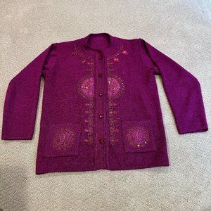 Cardigan Sweater Jacket Wool Blend Beaded Embroidered Pocket Magenta Boho L / XL